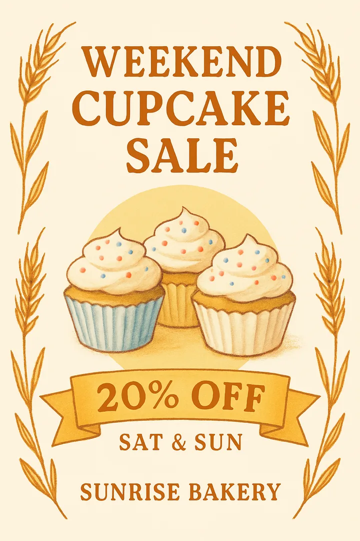Flyer designed by Naamo: Weekend Cupcake Sale, 20% off, Saturday and Sunday, Sunrise Bakery